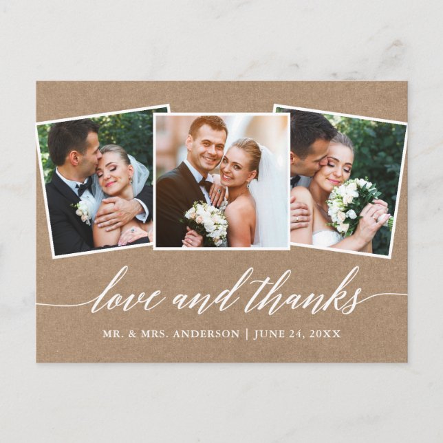 Carte Postale Calligraphie Moderne 3 Photo Amour Merci Kraft (Devant)