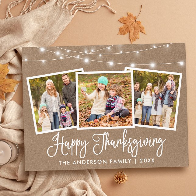 Carte Postale Calligraphie moderne 3 Photo Thanksgiving Kraft (Customize to change your personalized text size or text style.)