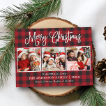 Carte Postale Calligraphie moderne amusante Noël 3 Photo Plaid<br><div class="desc">Joyeux Noël 3 Photo Holiday Carte postale - Rouge</div>