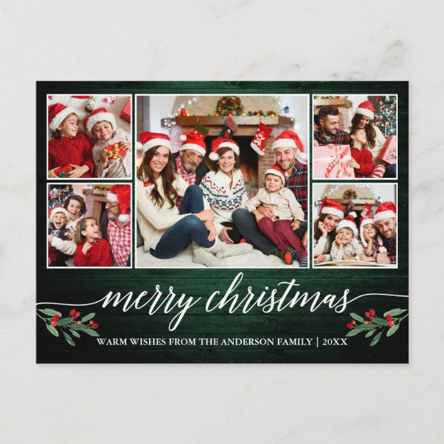 Carte Postale Calligraphie moderne Bois vert 5 Photo Noël (Devant)