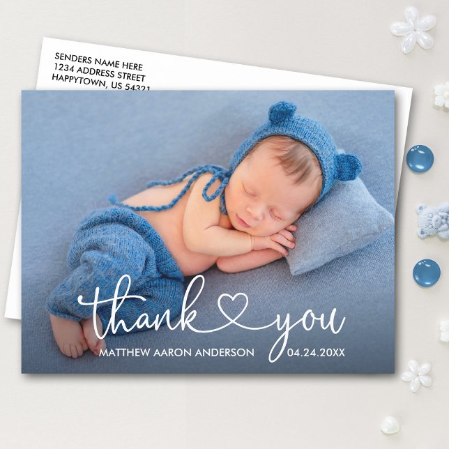 Carte Postale Calligraphie moderne Coeur Baby Photo Merci (Customize to change your personalized text size or text style.)