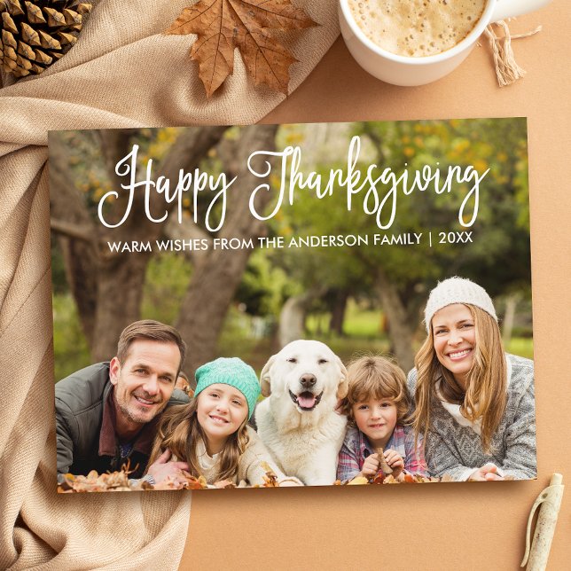 Carte Postale Calligraphie moderne Famille Photo Thanksgiving (Customize to change your personalized text size or text style.)