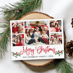 Carte Postale Calligraphie moderne Fun Rouge Christmas Holly 5 P<br><div class="desc">Moderne Fun Calligraphie Script 5 Photo Famille Photo Collage Joyeux Noël Carte postale inclut Aquarelle Christmas Holly Berries - Red Script</div>