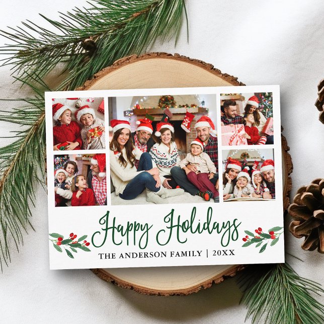 Carte Postale Calligraphie moderne Holly 5 Photo Holiday (Customize to change your personalized text size or text style.)