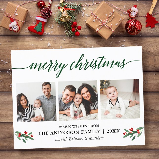 Carte Postale Calligraphie moderne Holly Green Noël 3 Photo (Customize to change your personalized text size or text style.)