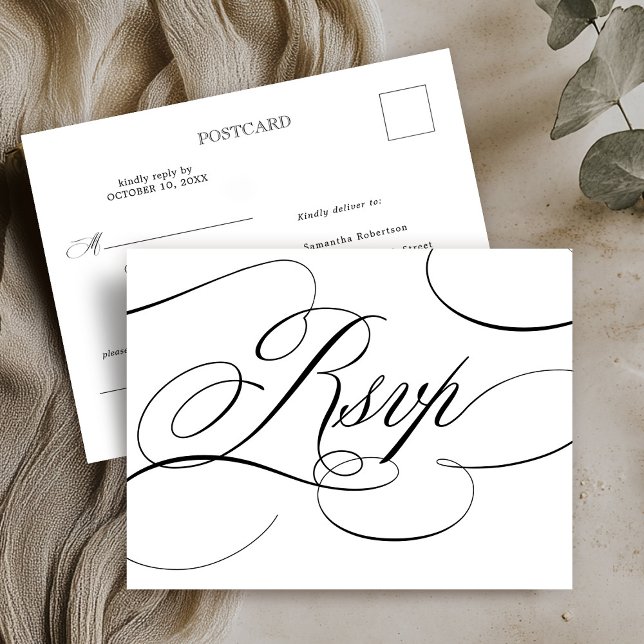 Carte Postale Calligraphie moderne intemporelle noir et blanc RS (Modern calligraphy timeless black and white RSVP Postcard)