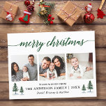 Carte Postale Calligraphie moderne Pins verts Noël 3 Photo<br><div class="desc">Calligraphie moderne Script Joyeux Noël 3 Photo Holiday Carte postale inclut Aquarelle Pine Arbres</div>