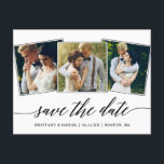 Carte Postale Calligraphie moderne Script 3 Photo Enregistrer la<br><div class="desc">Moderne Élégante Calligraphie Script 3 Photo Collage Enregistrer la date Mariage Fiançailles Faire-part Postcard</div>