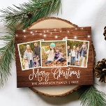 Carte Postale Calligraphie Noël Bois Lumières à cordes 3 Photo<br><div class="desc">Script de calligraphie moderne Joyeux Noël 3 Photo Holiday Carte postale - Bois rustique de campagne avec lumières à cordes</div>