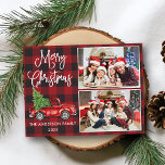 Carte Postale Calligraphie Noël Camion Vintage 2 Photo Plaid<br><div class="desc">Script moderne amusant Joyeux Noël 2 Photo Carte postale de vacances - Aquarelle Camion rouge Vintage avec sapin de Noël sur Buffalo rouge plaid</div>