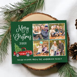 Carte Postale Calligraphie Noël Camion Vintage 4 Photo Vert<br><div class="desc">Joyeux Noël 4 Photo Carte postale - Aquarelle Vintage Camion rouge avec arbre de Noël - Arrière - plan vert de la forêt</div>