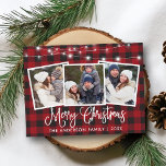 Carte Postale Calligraphie Noël Plaid String Lights 3 Photo<br><div class="desc">Script de calligraphie moderne Joyeux Noël 3 Photo Holiday Carte postale Buffalo rouge avec lumières à cordes</div>