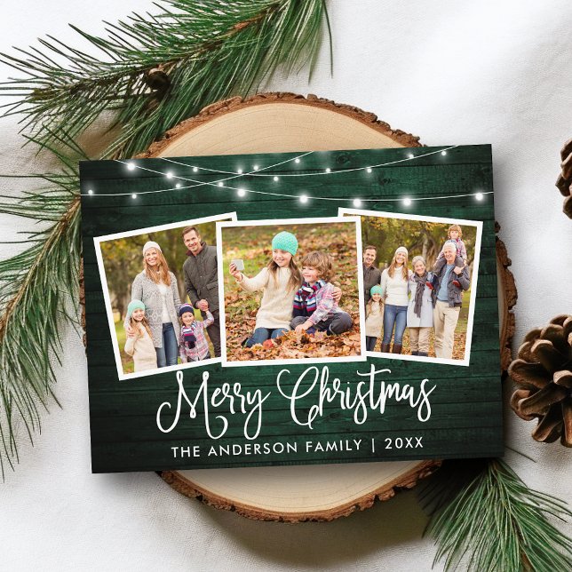 Carte Postale Calligraphie Noël Vert Lumières bois 3 Photo (Customize to change your personalized text size or text style.)