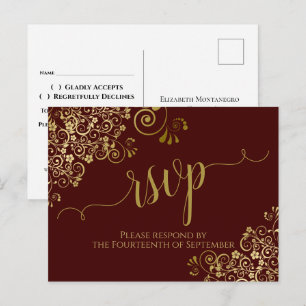 Carte Postale Calligraphie Or Auburn Mariage Brown RSVP