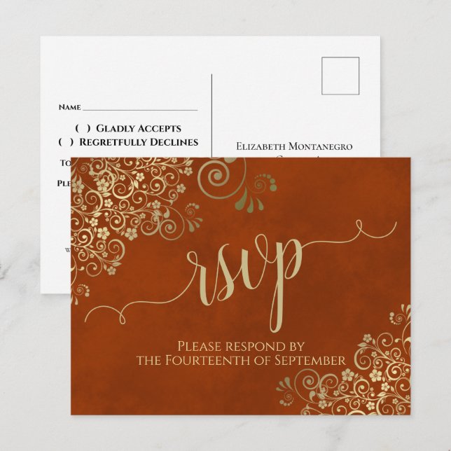 Carte Postale Calligraphie Or Elegant Rust Orange Wedding RSVP (Devant / Derrière)