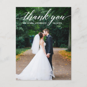 Carte Postale Calligraphie Photo de mariage Élégant Merci