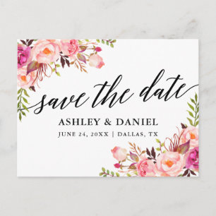 Carte Postale Calligraphie Pink Floral Enregistrer La Date
