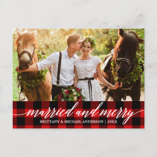 Carte Postale Calligraphie Red Plaid marié et joyeux Mariage