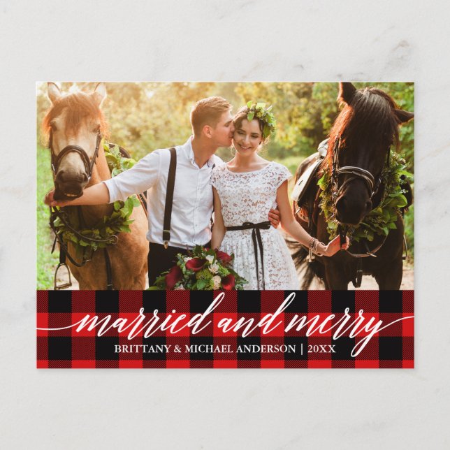 Carte Postale Calligraphie Red Plaid marié et joyeux Mariage (Devant)
