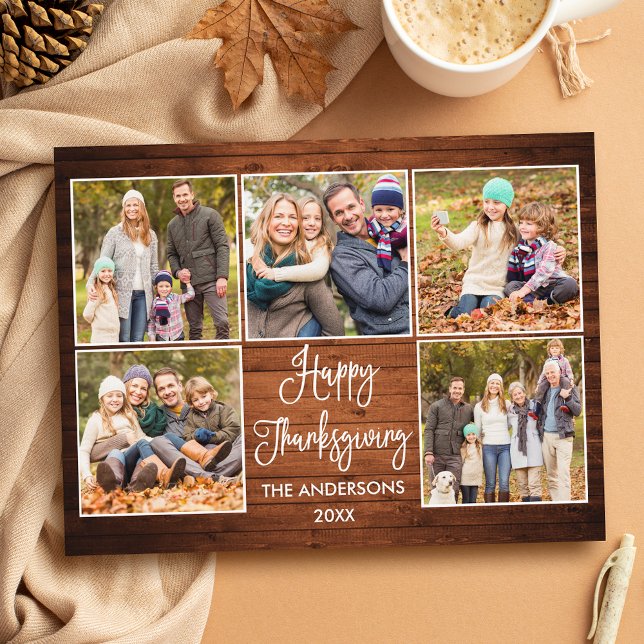 Carte Postale Calligraphie rustique en bois 5 Photo Thanksgiving (Customize to change your personalized text size or text style.)