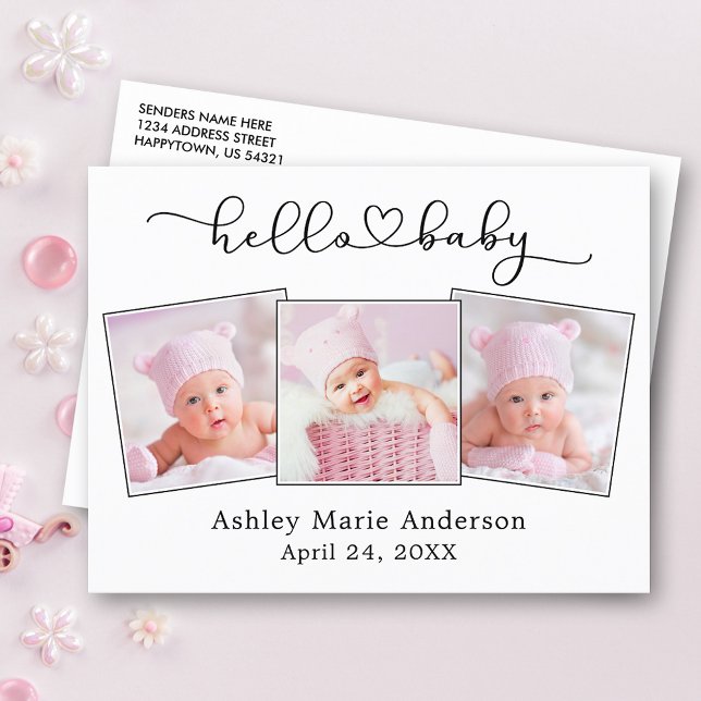 Carte Postale Calligraphie Script Heart 3 Photo Hello Baby (Customize to change your personalized text size or text style.)