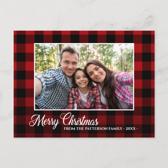 Carte Postale Calligraphie Script Photo Red Plaid Noël (Devant)