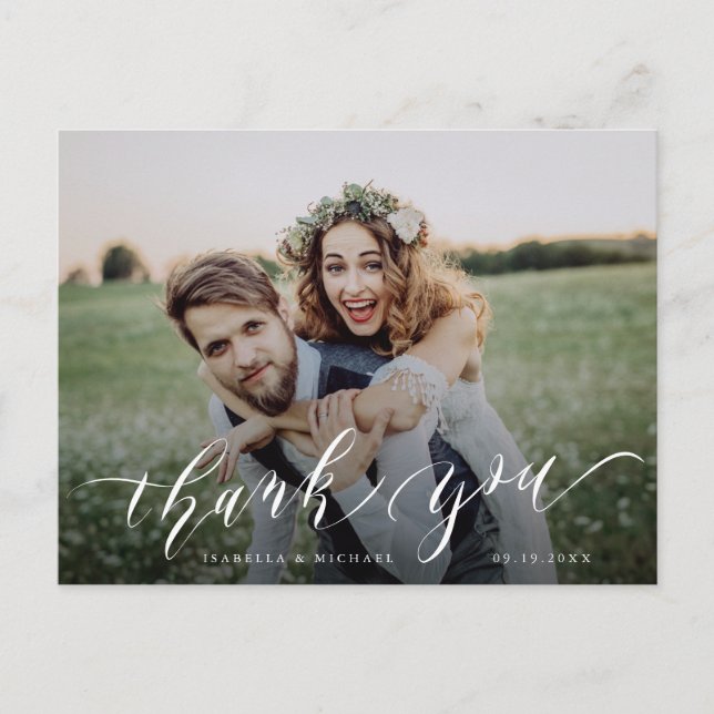 Carte Postale Calligraphie simple mariage photo rustique merci (Devant)