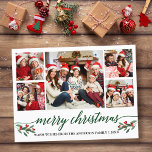 Carte Postale Calligraphie verte moderne 5 Photo Famille Noël<br><div class="desc">Calligraphie moderne Script 5 Photo Famille Photo Collage Joyeux Noël Carte postale inclut Aquarelle Noël Fruits de Noël - Script vert</div>