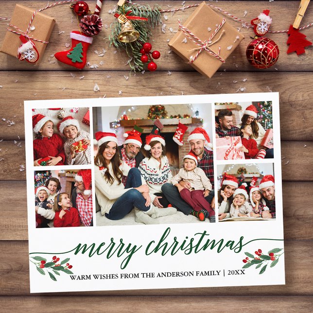 Carte Postale Calligraphie verte moderne 5 Photo Famille Noël (Customize to change your personalized text size or text style.)