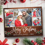 Carte Postale Calligraphie Wood Holly 5 Photo Couple Noël<br><div class="desc">Moderne Fun Calligraphie Script 5 Photo Couple Photo Collage Joyeux Noël Carte postale inclut Aquarelle Christmas Holly Berries - Rustic Country Wood</div>