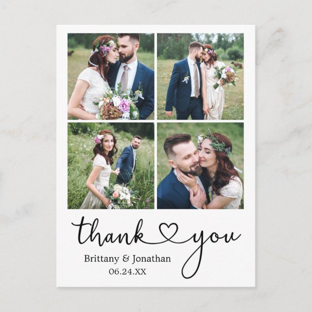 Carte Postale Calligraphy Cœur 4 Photo Merci Mariage  (Devant)