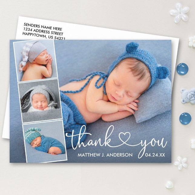 Carte Postale Calligraphy Heart 4 Photo Collage Baby Merci (Customize to change your personalized text size or text style.)