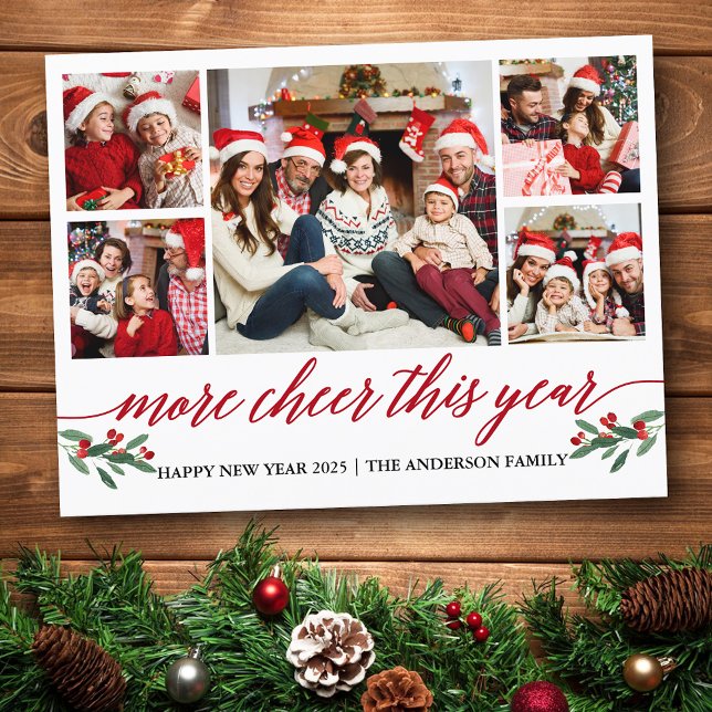 Carte Postale Calligraphy More Cheer This Year 5 Photo Red (Customize to change your personalized text size or text style.)