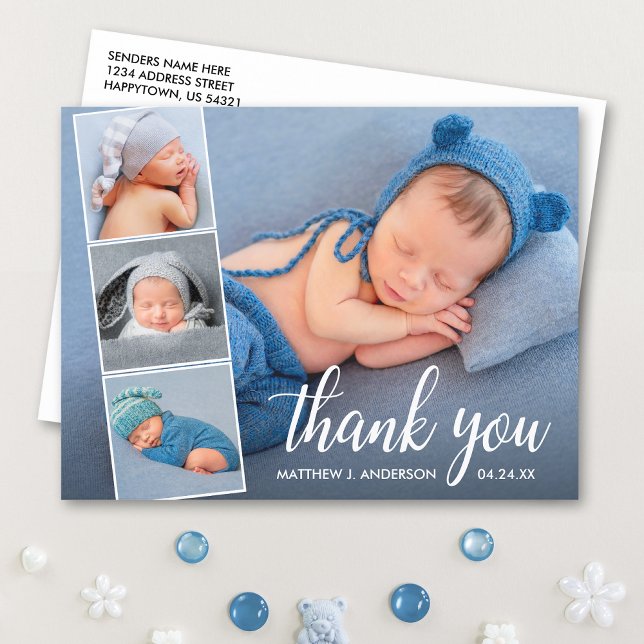 Carte Postale Calligraphy New Baby 4 Photo Collage Thank You (Customize to change your personalized text size or text style.)