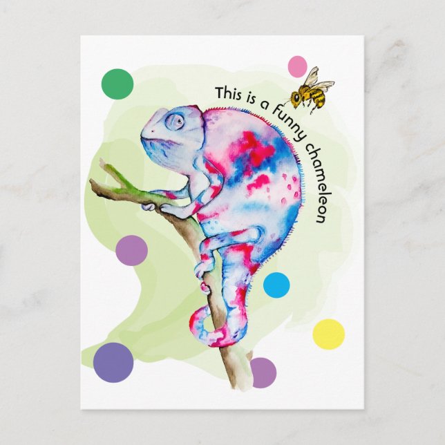 Carte Postale Caméléon d'aquarelle et abeille colorés. (Devant)
