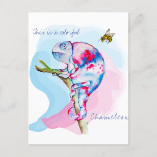Carte Postale Caméléon et abeille aquarelle colorés lumineux.