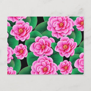 Carte Postale Camellias rose Fuchsia et Feuilles verts Jade