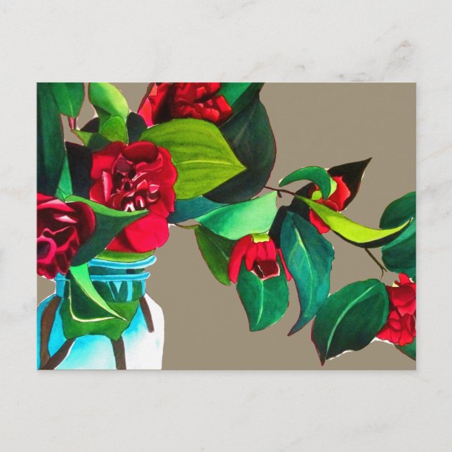 Carte Postale Camellias rouge avec fleur d'aquarelle de feuillag (Devant)