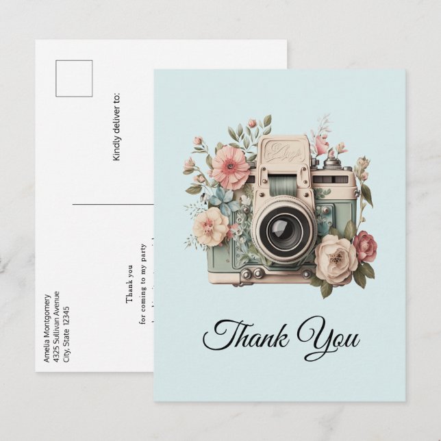 Carte Postale Camera with Flowers Retro Pastel Image Thank You (Devant / Derrière)