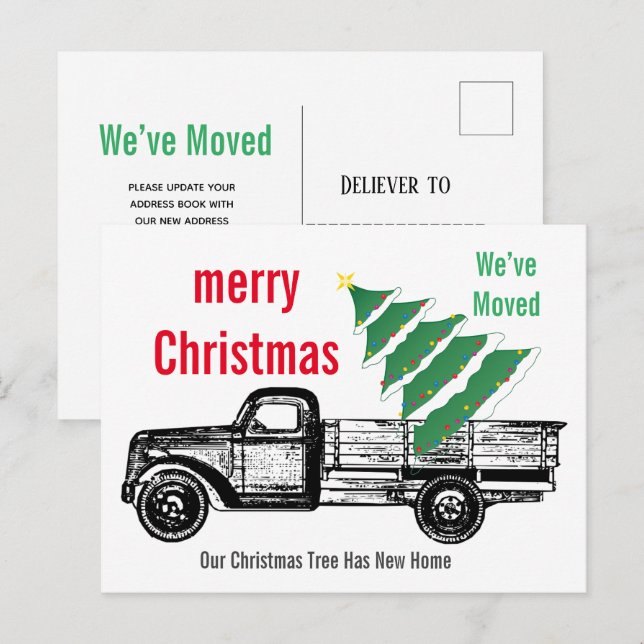 Carte Postale Camion Arbre de Noël Nous avons déménagé Faire-par (Devant / Derrière)
