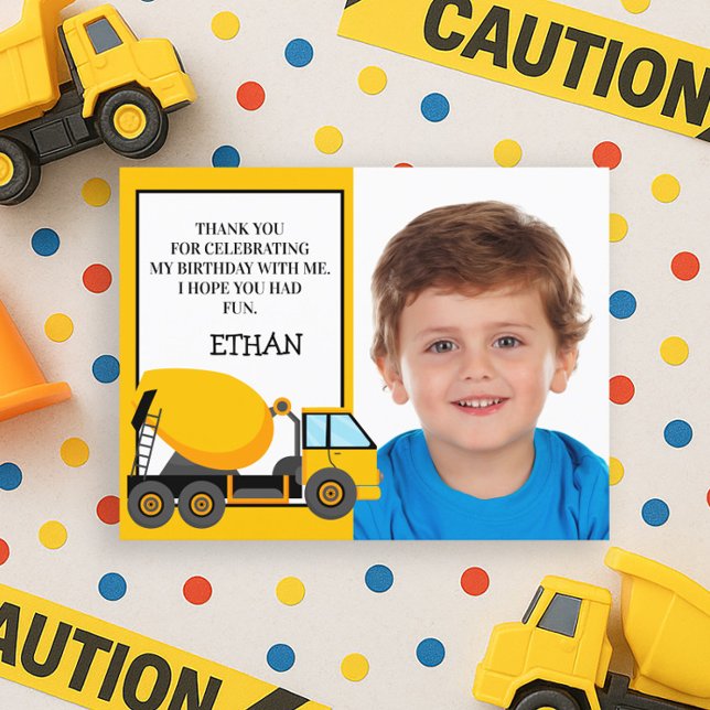Carte Postale Camion ciment jaune Anniversaire Photo Merci (Yellow and black construction birthday party photo Thank You card. )