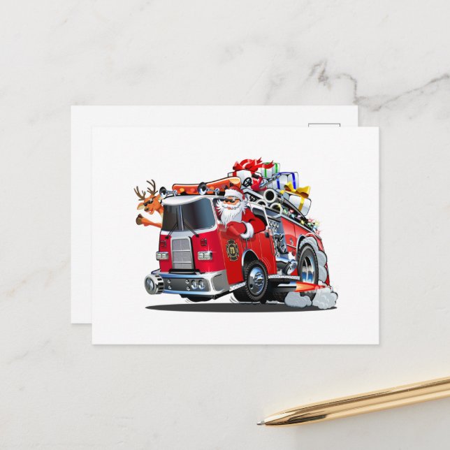 Carte Postale Camion de feu de Noël de dessin animé (Devant/Arrière en situation)