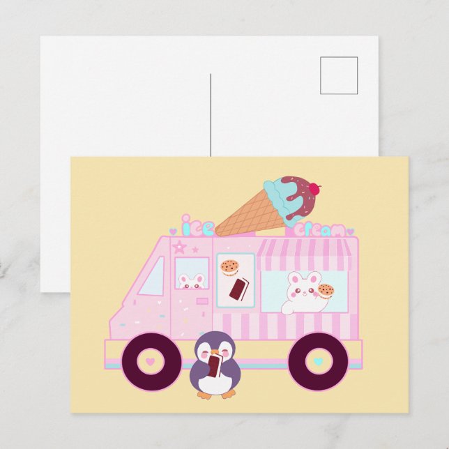 Carte Postale Camion de Glace Bunny Mignon Bleu et Rose (Devant / Derrière)