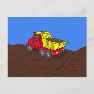 Carte Postale Camion de vidange Rouge et Jaune dessin animé