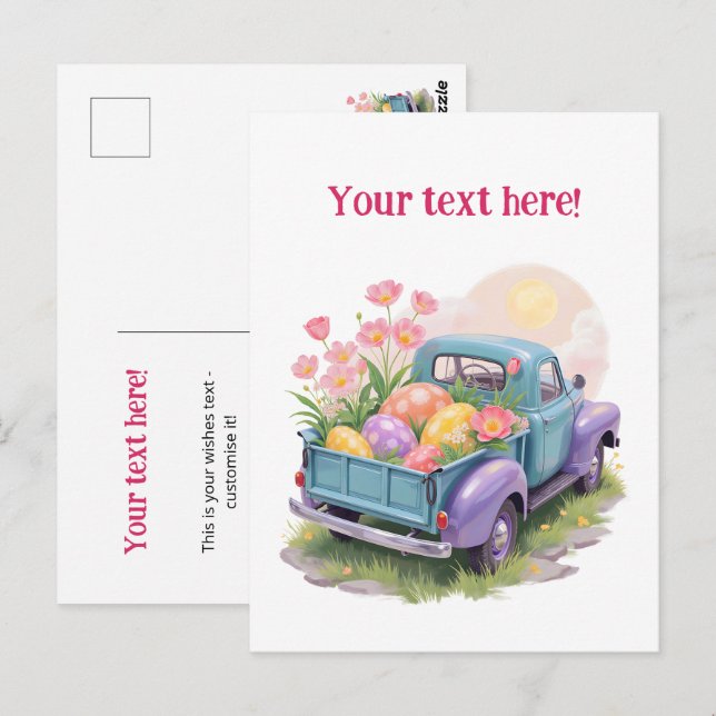 Carte Postale Camion Rétro Sarcelle et Violet avec Œufs de Pâque (Devant / Derrière)