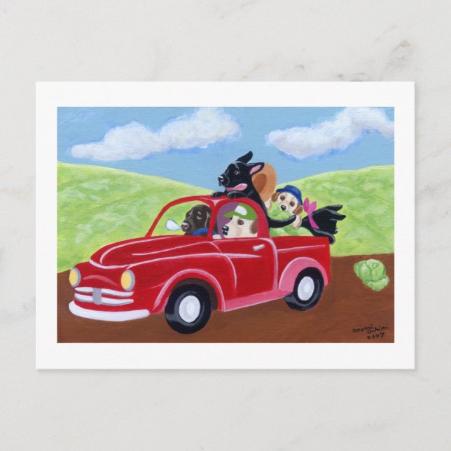 Carte Postale Camion rouge et laboratoires (Devant)