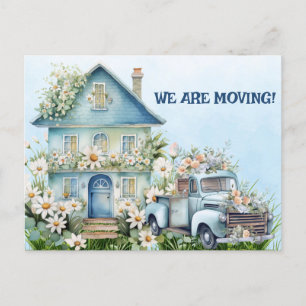 Carte Postale Camion Vintage bleu et maison Nous sommes en mouve