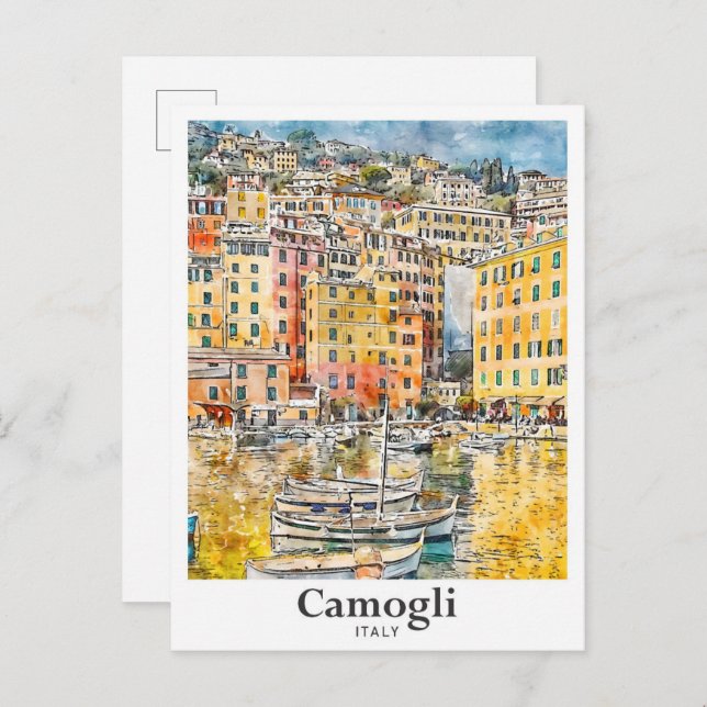 Carte Postale Camogli Italie Voyage Aquarelle main tirée (Devant / Derrière)