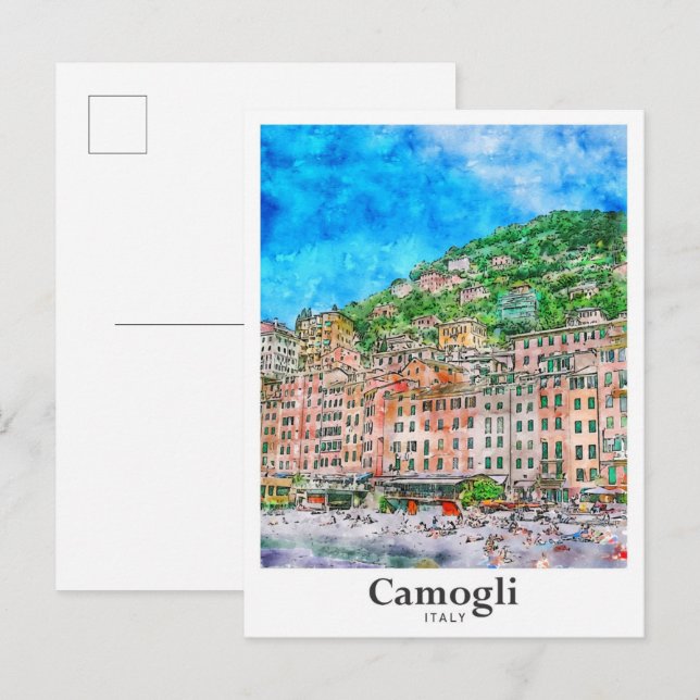Carte Postale Camogli Italie Voyage Aquarelle main tirée (Devant / Derrière)