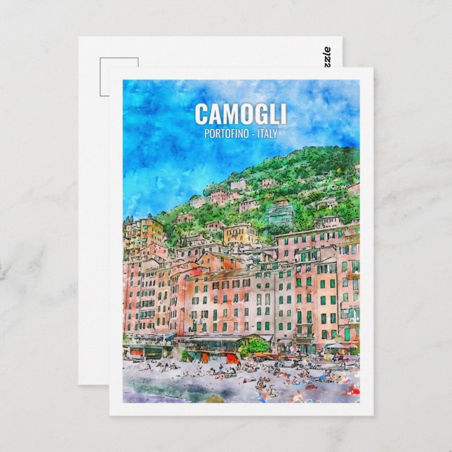 Carte Postale Camogli Portofino Italie Lieu de voyage Aquarelle (Devant / Derrière)